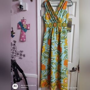 Vintage 70s Floral Polyester Maxi Dress v neck Zippered